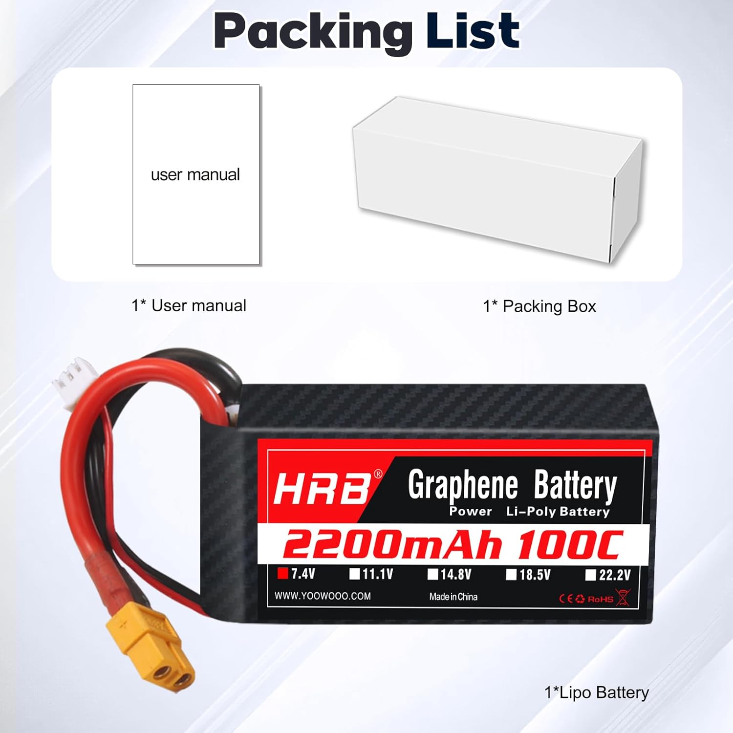 HRB 2S 2200mAh Lipo Battery XT60 100C 7.4V Graphene RC Lipo Battery Compatible with RC Car RC Truck RC Boat RC Airplane RC Helicopter