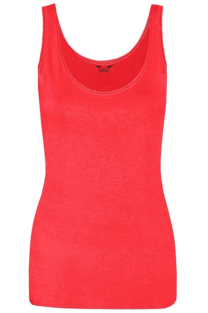 New Ladies Women Solid Wide Shoulder Tall Vest Scoop Neck Tank Top Red
