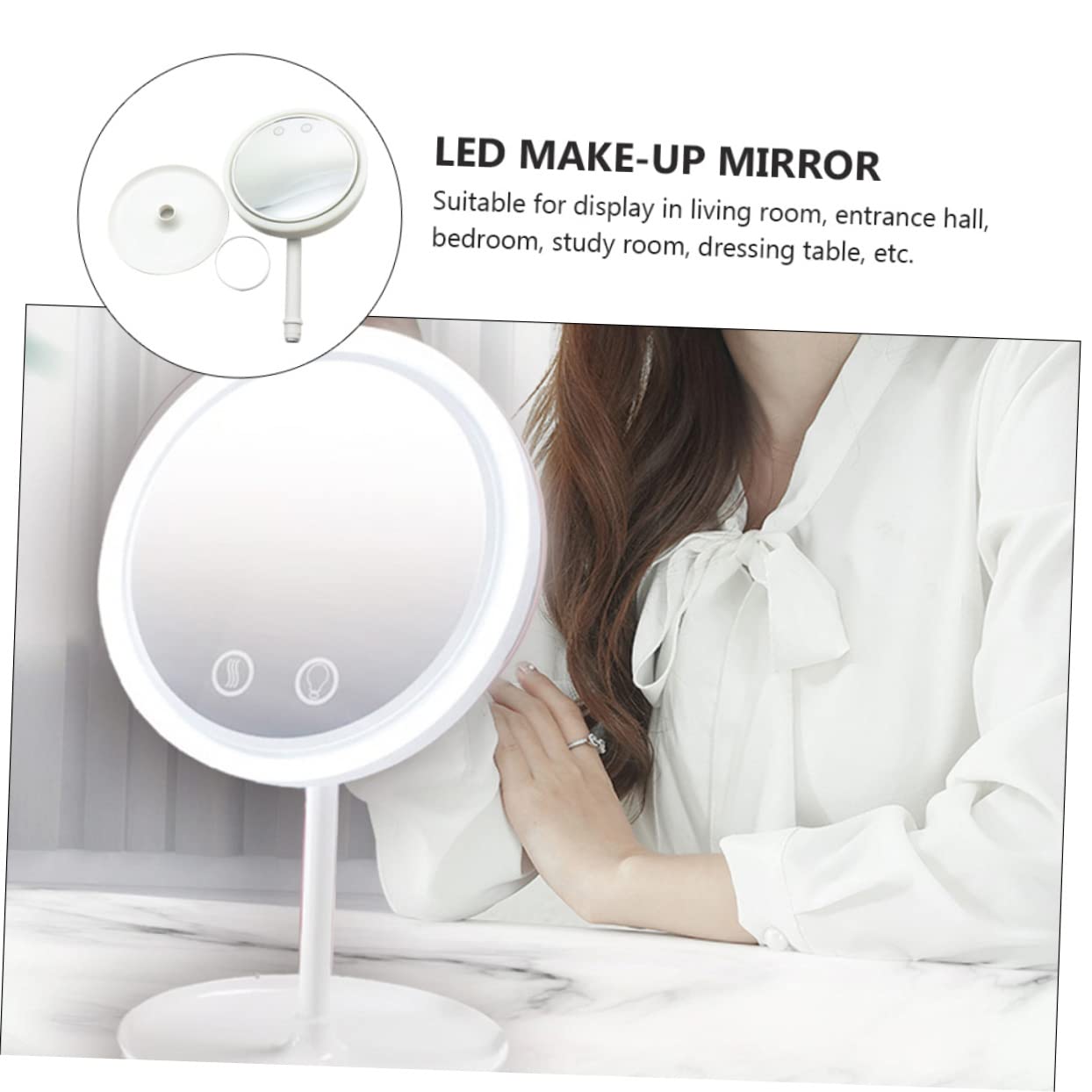 Specchio Trucco da Tavolo LED Rotante 180° con Base Stabile | Abs Bianco, Design con Ventilatore Integrato, Festa Estiva, Uso in Camera da Letto e Soggiorno