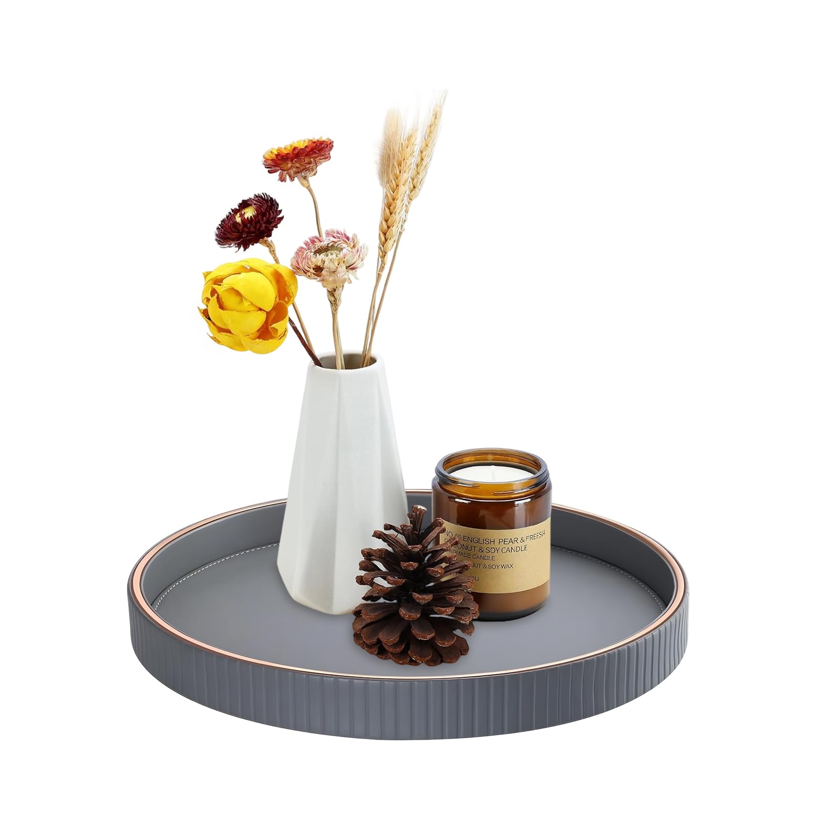 Vassoio da portata - Ø 30x3 cm in pelle, vassoio rotondo decorativo, grande vassoio decorativo, porta candele, vassoio per scrivania, per cucina, soggiorno, camera da letto - Grigio chiaro