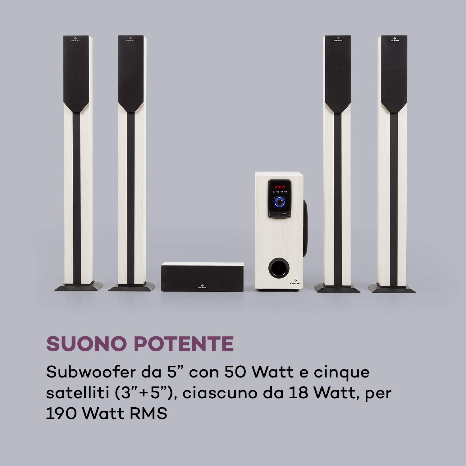 AUNA Areal Elegance - Home Theater 5.1, Impianto Surround a 5.1 Canali, Home Cinema, Potenza: 190 Watt RMS, Subwoofer: 5", 5 Altoparlanti Satellite (3"+5"), Bluetooth, USB/SD, Effetto Legno Chiaro
