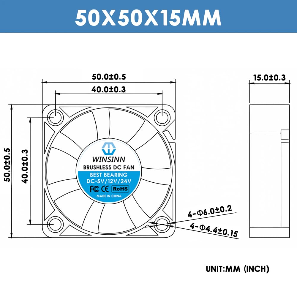 WINSINN 5015 Lot de 5 ventilateurs à double roulement à billes sans balais 50 mm 24 V 50 x 15 mm