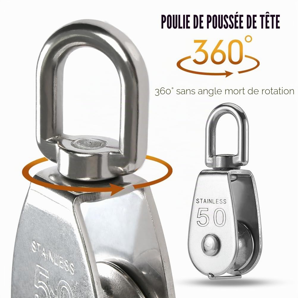 BUYGOO 2PCS Poulie Simple Acier Inox M50/400KG Poulie de Levage Poulie Acier Inoxydable, Poulie avec Roulements Pivotants, Poulie Bloc Poulie Simple Poulie Pivotante à Bloc Unique 304 Acier Inoxydable