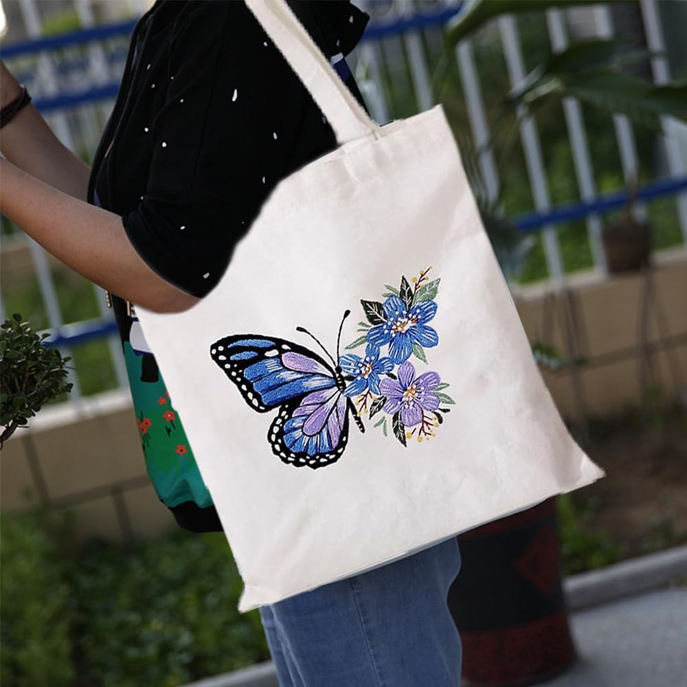 Stickerei-Set Für Erwachsene – Blumenmuster Auf Leinentasche, Inkl. Stickrahmen & Anleitung, DIY Geschenk