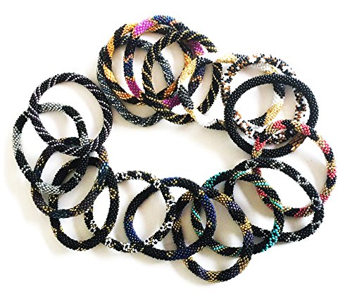 WigsPedia Handmade Crochet Glass Seed Bead Nepal Boho Bracelet - Wholesale Black Scheme (12 Pieces Black Bracelets)