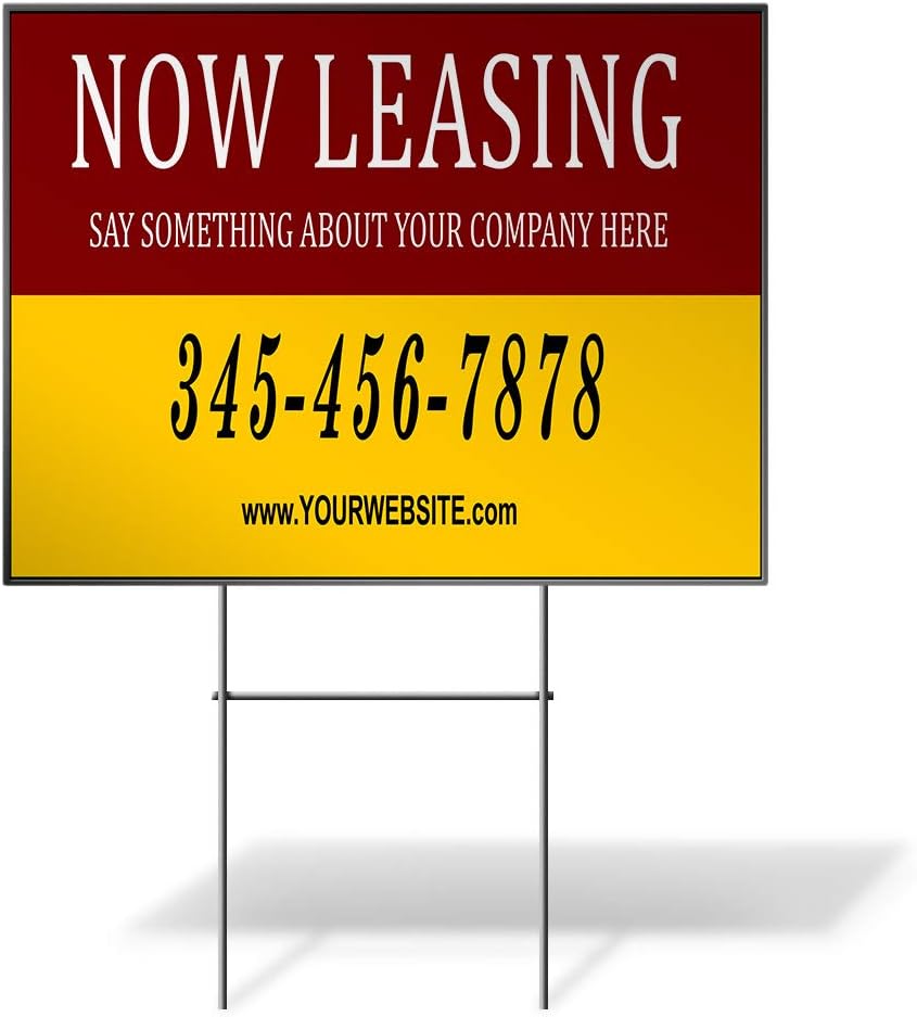 Custom Personalized Yard Sign Now Leasing Company Name Phone Number Red Two Sides Print 24inx18in