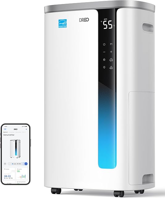 DREO 73 Pint Smart Déshumidificateurs pour sous-sols, Energy Star 6.0 Déshumidificateur, silencieux 41dB, Contrôle automatique de l'humidité, 3 Vitesses du ventilateur, 24H Timer, avec Drain Hose, pour la maison jusqu'à 2000 Sq Ft, Salle de bain & Chambre