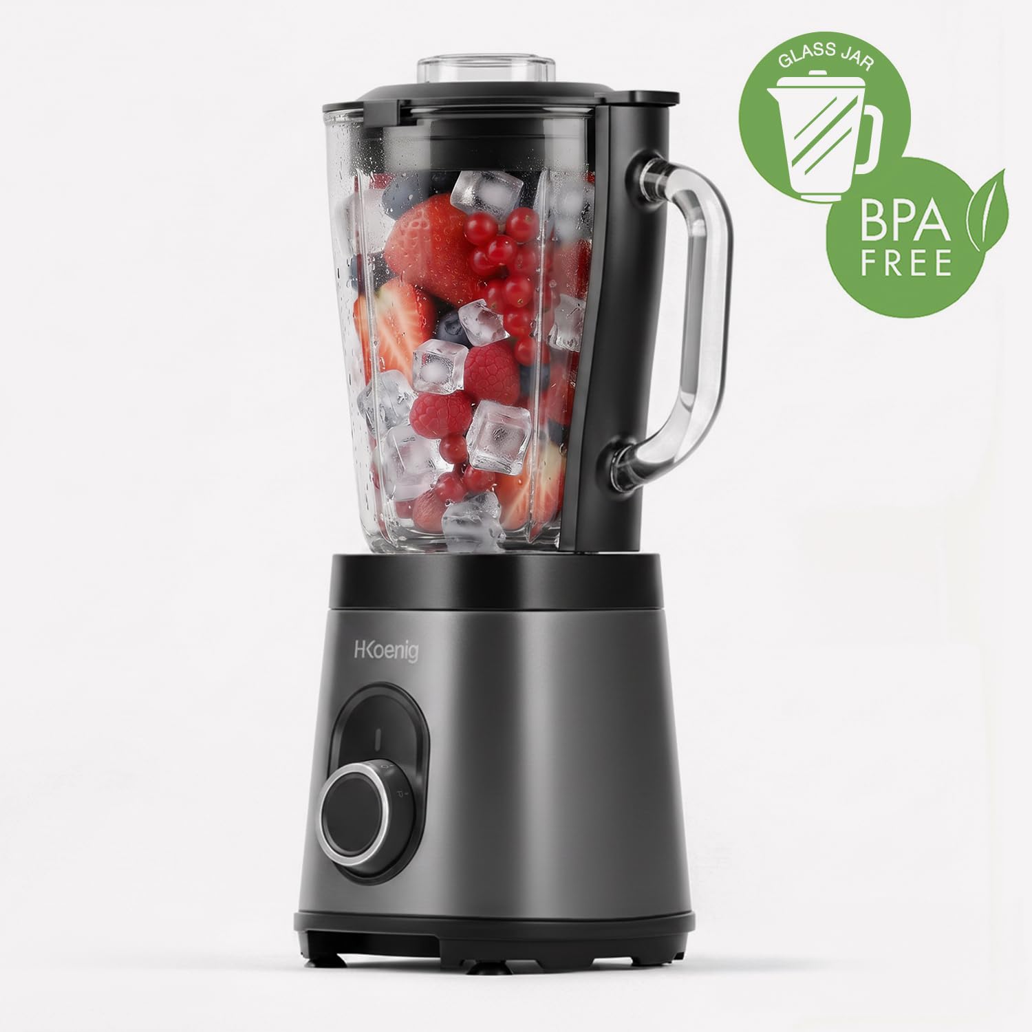 H.Koenig Mixeur MXK36 1,5L 550W, Blender Puissant avec Fonction Glace Pilée, Bol en Verre Gradué, 2 Vitesses + Pulse, Corps en Acier Inoxydable, Verrouillage de Sécurité, Pieds Antidérapants, Noir