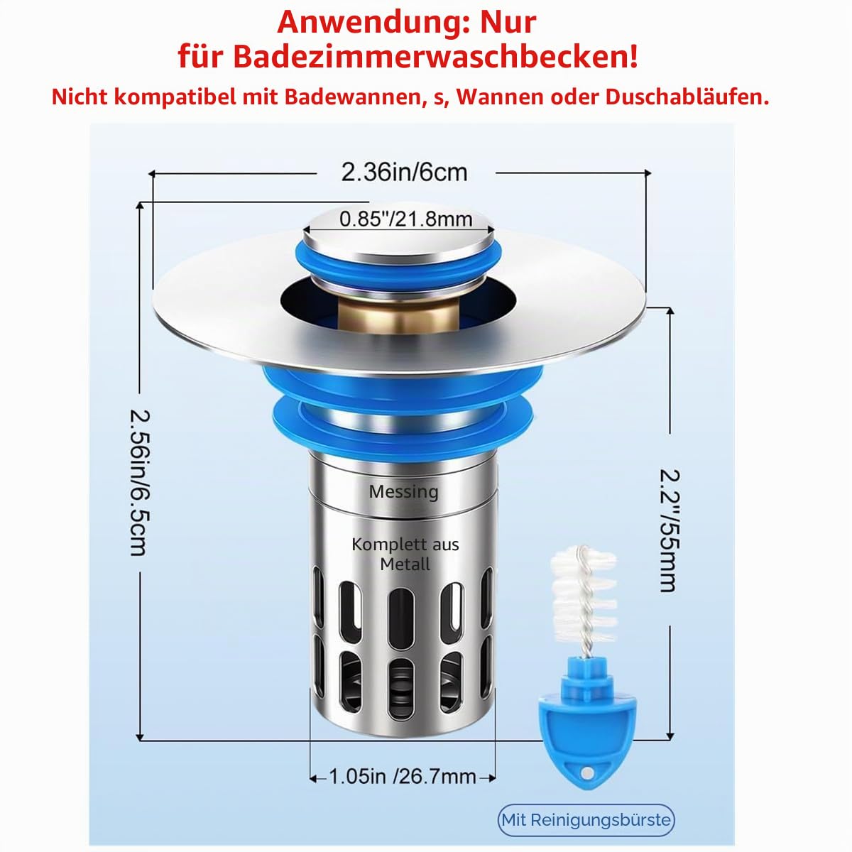 Universeller Waschbeckenstöpsel für Waschbecken, Pop-Up-Waschbeckensieb, Haarfänger, massives Messing, leiser Druckknopf-Kern/Stopper/Abdeckung, Edelstahl, Abnehmbarer Filterkorb für 2,5-5,1 cm Loch