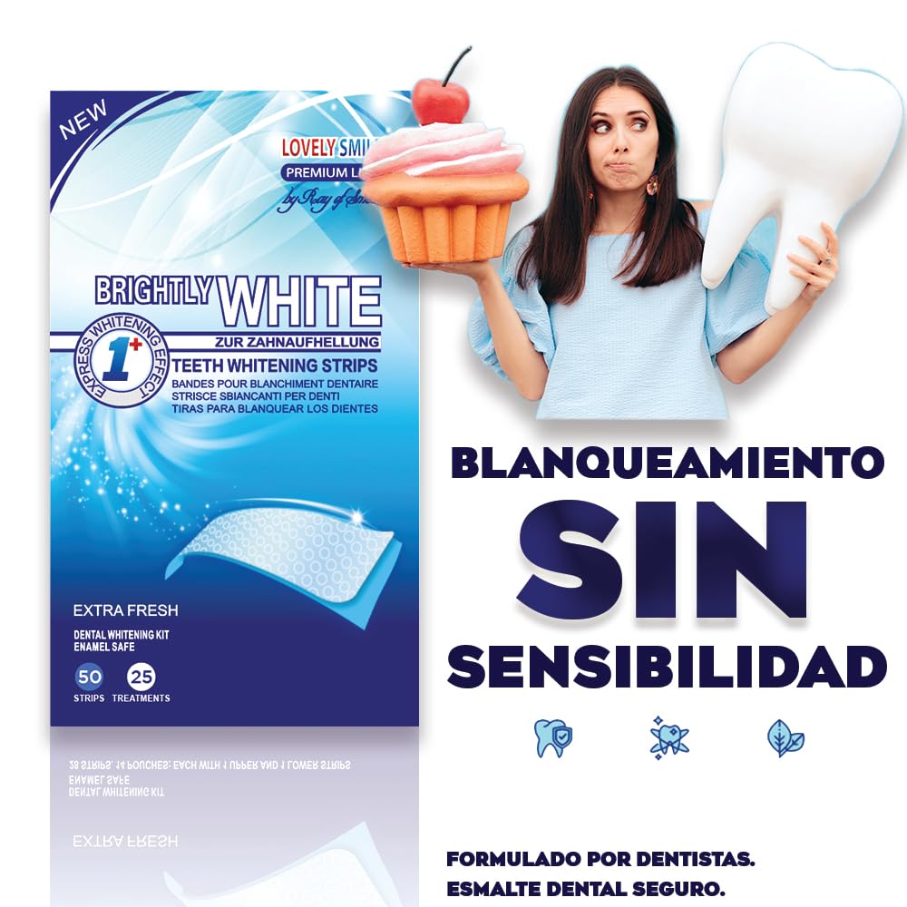 LOVELY SMILE Premium Line 50 Bandas Blanqueadoras Dientes Blanqueamiento de dientes, Tiras para 25 aplicaciones con avanzada tecnología antideslizante - Teeth Whitening Strips - by RAY OF SMILE®