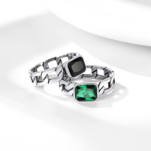 Miniatura 8 de Bestyle Simple Sterling Silver Ring for Women Men - Cuban Link Chain Rings with Black Onyx Emerald-Fashion Thumb Index Pinky Finger Ring Every Day