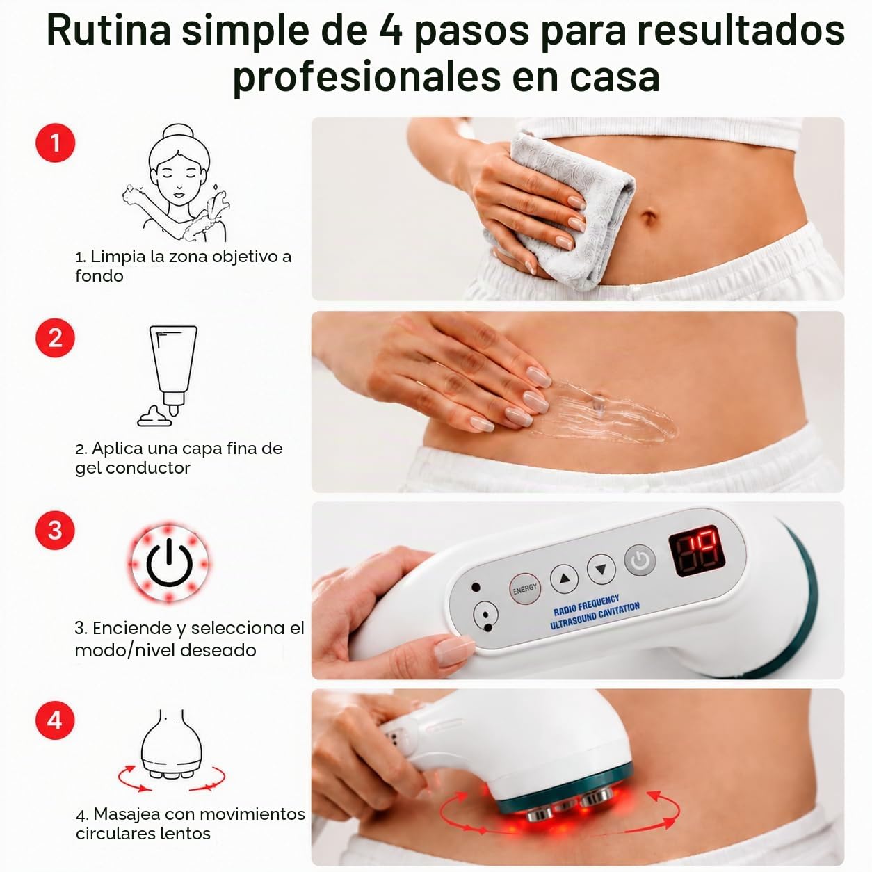 Dispositivo de radiofrecuencia para celulitis corporal, plástico blanco, incluye cable de alimentación, manual, mejora el tono
