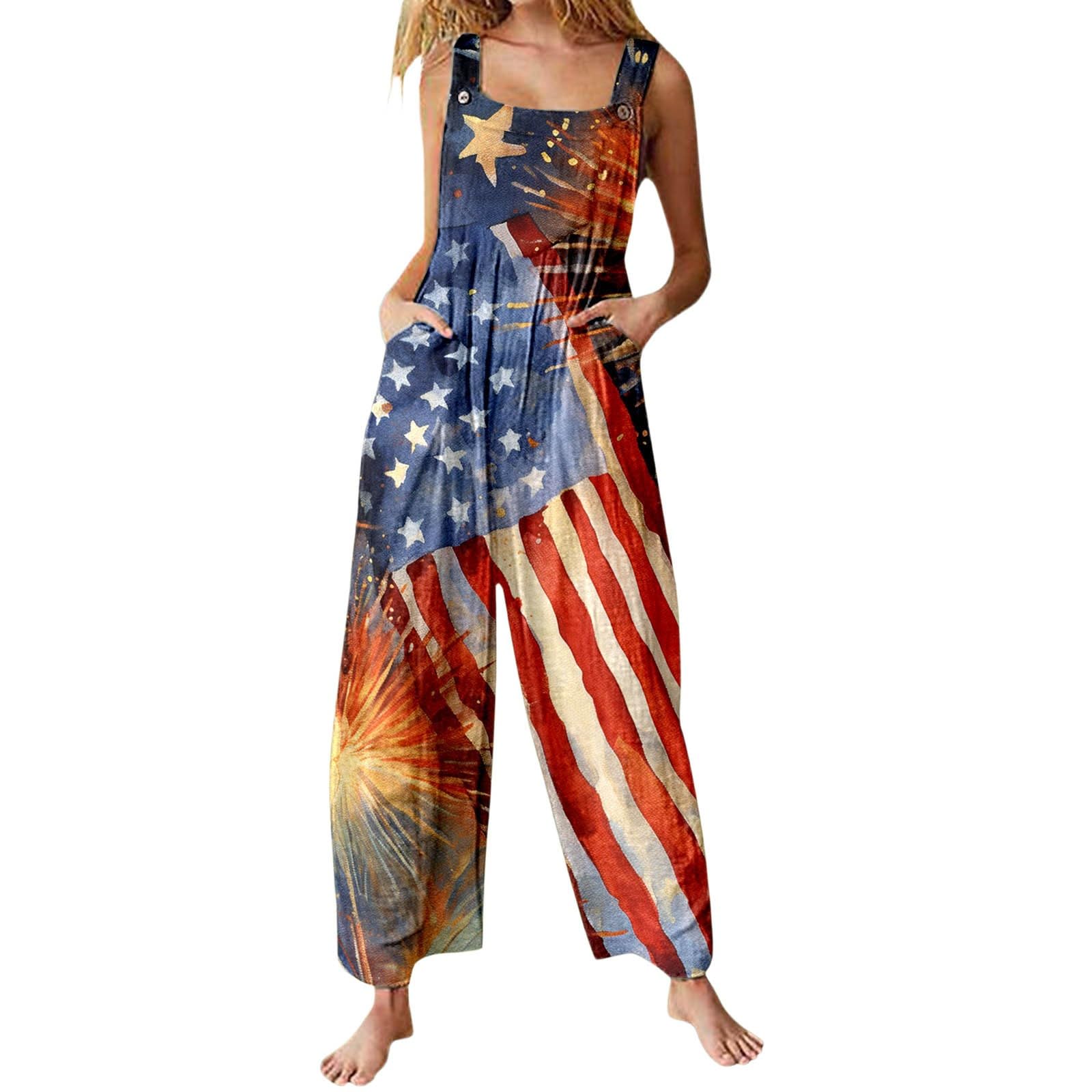 WWricotta Mono con estampado de estrellas para el Día de la Independencia: una elegante prenda sin mangas ideal para lucir en verano, mujer, pantalón corto, bolsillos, para barbacoas y celebraciones