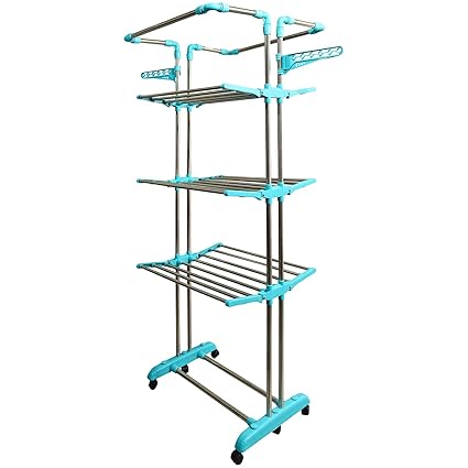 CIPLA PLAST Strong & Heavy Two Pole 3 Layer Stainless Steel Foldable King Jumbo Cloth Dryer Stand Floor and Balcony with Six Caster Wheel BRC-750 SS (Green)
