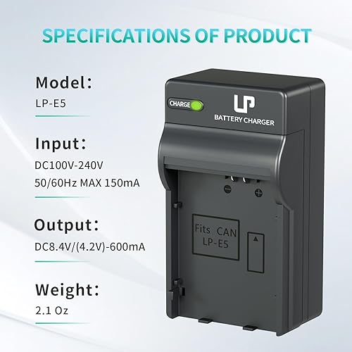 Miniatura 6 de LP Cargador de batería LP-E5, cargador rápido con pantalla de luces LED compatible con Canon EOS 1000D, EOS 500D, EOS 450D, EOS Rebel T1i, EOS Rebel