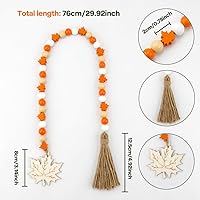 Vista 2 de Guirnalda de cuentas de madera de otoño naranja de Acción de Gracias con borlas, etiqueta de hoja de arce, cuentas de granja, decoración natural