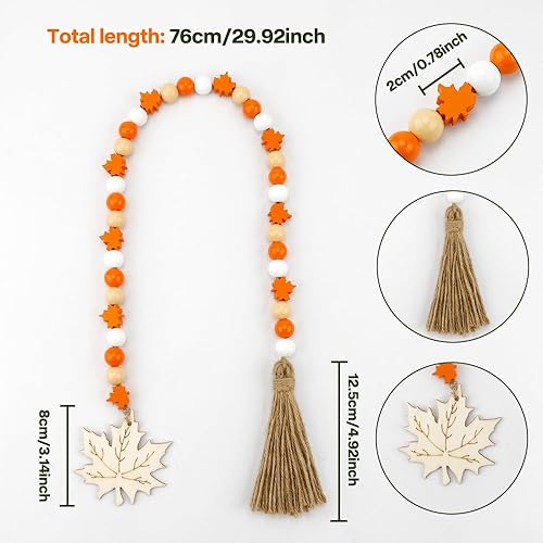 Miniatura 2 de Guirnalda de cuentas de madera de otoño naranja de Acción de Gracias con borlas, etiqueta de hoja de arce, cuentas de granja, decoración natural