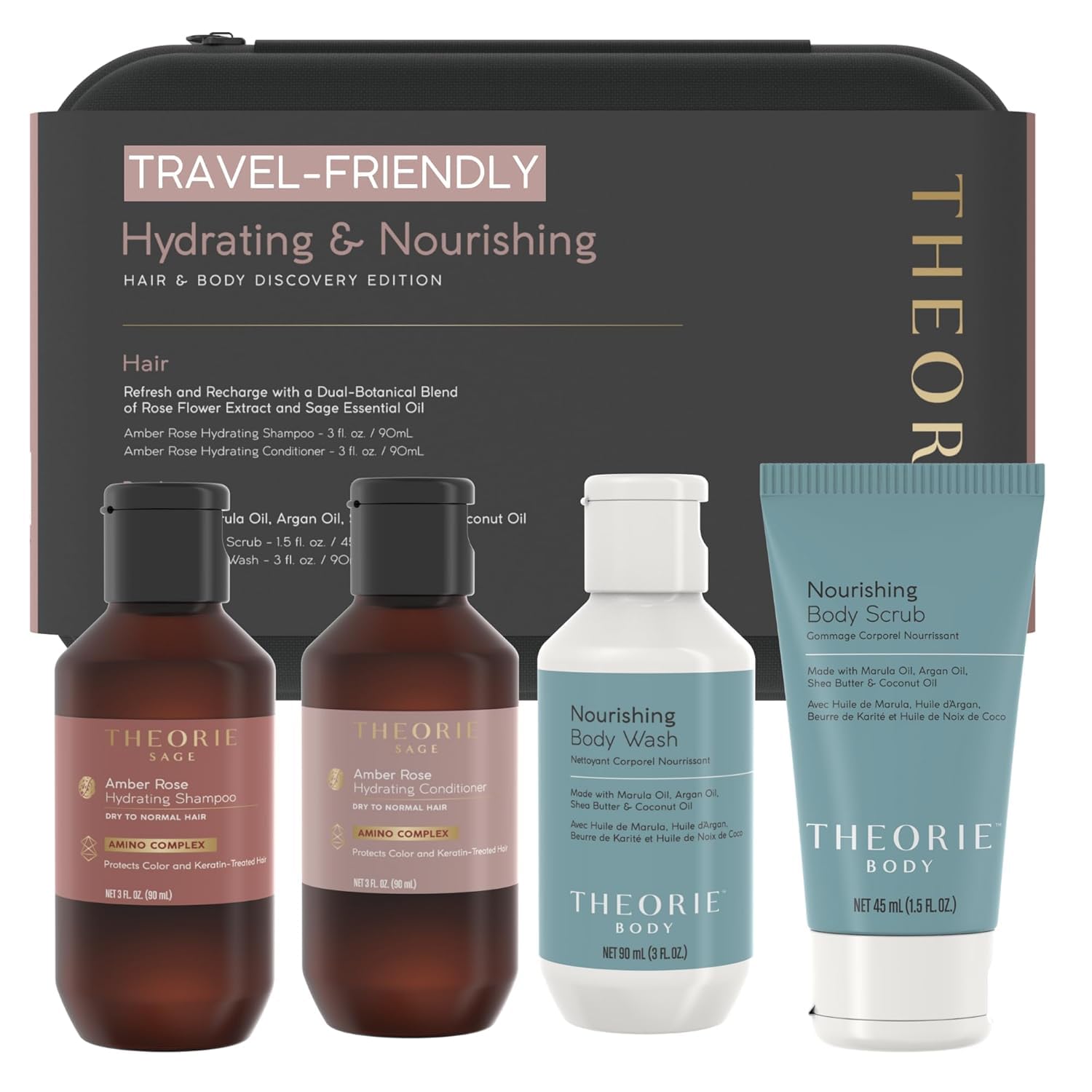 THEORIE Hydrating Nourishing Travel Kit Amber Rose Nourishing Collection Shampoo Conditioner Body Wash Exfoliating Scrub Clean Beauty for