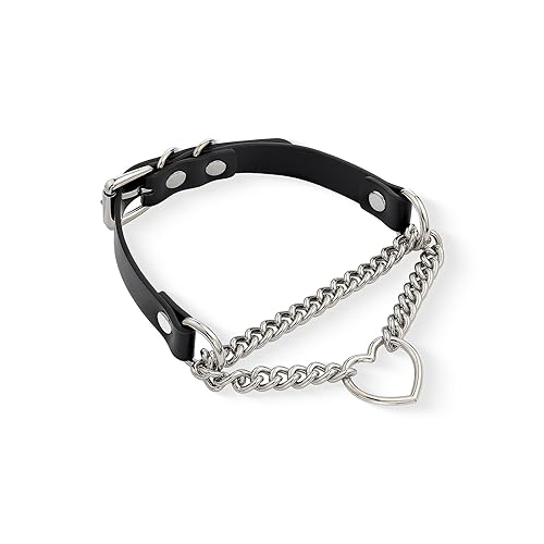 Black/Pink Leather Choker Necklace For Women, Handmade Adjustable Chain Collar with Metallic Heart Ring Best Gifts for Valentine's Day - Black&silver