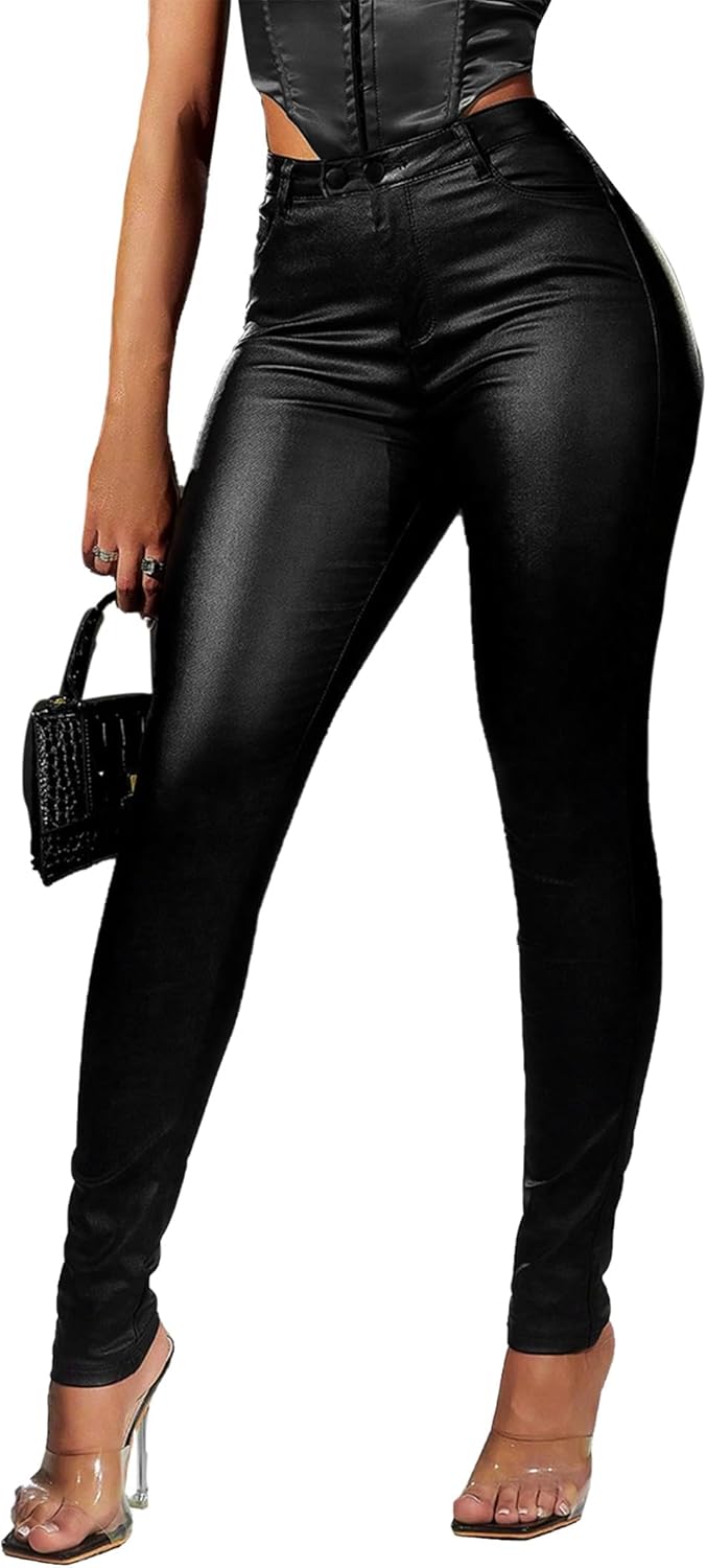 Avanova Women Faux Leather High Waist Sexy Leggings Stretchy Skinny Pants