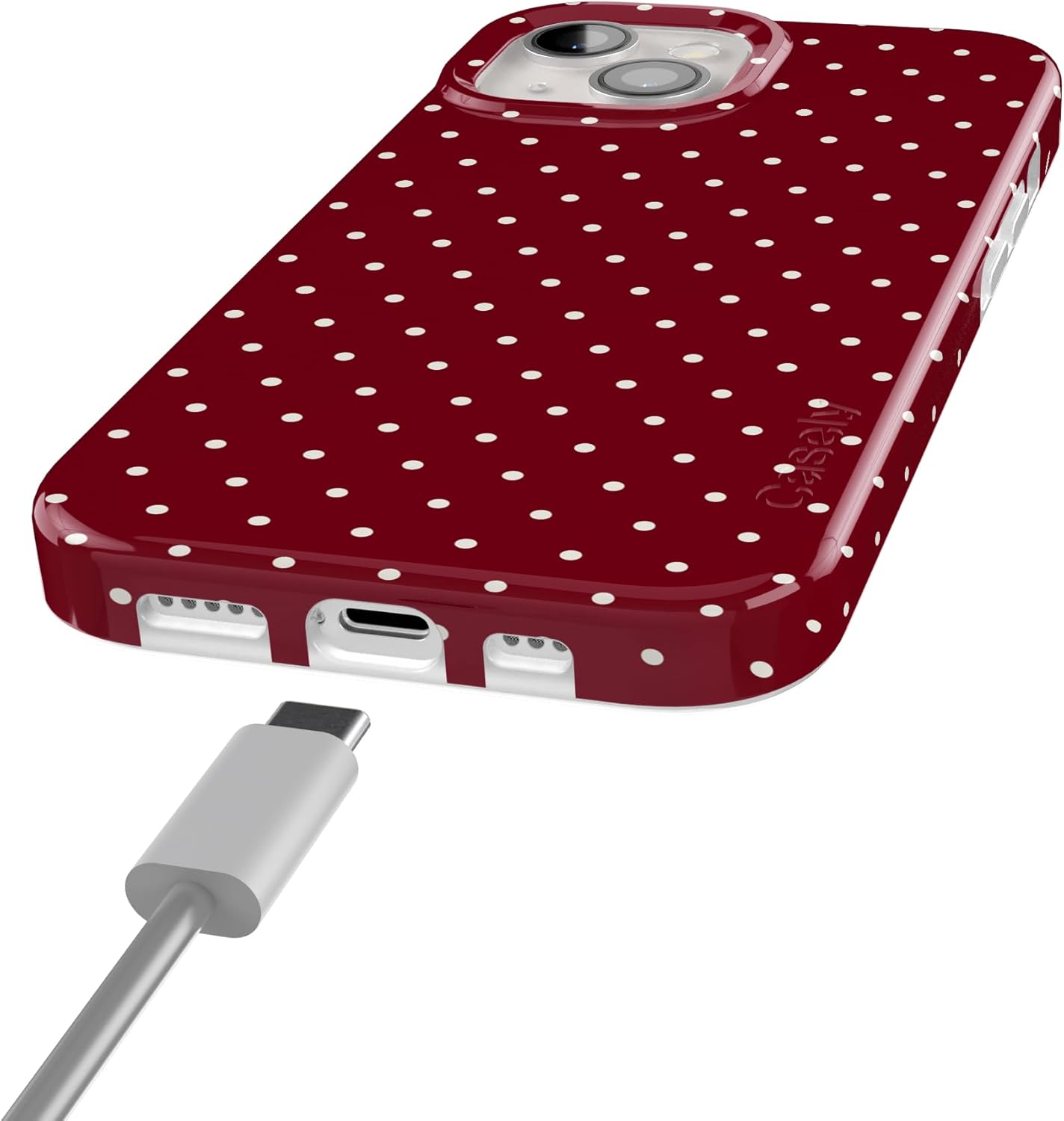 Casely iPhone 15 Plus Case | On the Dot | Maroon Polka Dot | Compatible with MagSafe | Classic Ultra Slim Design