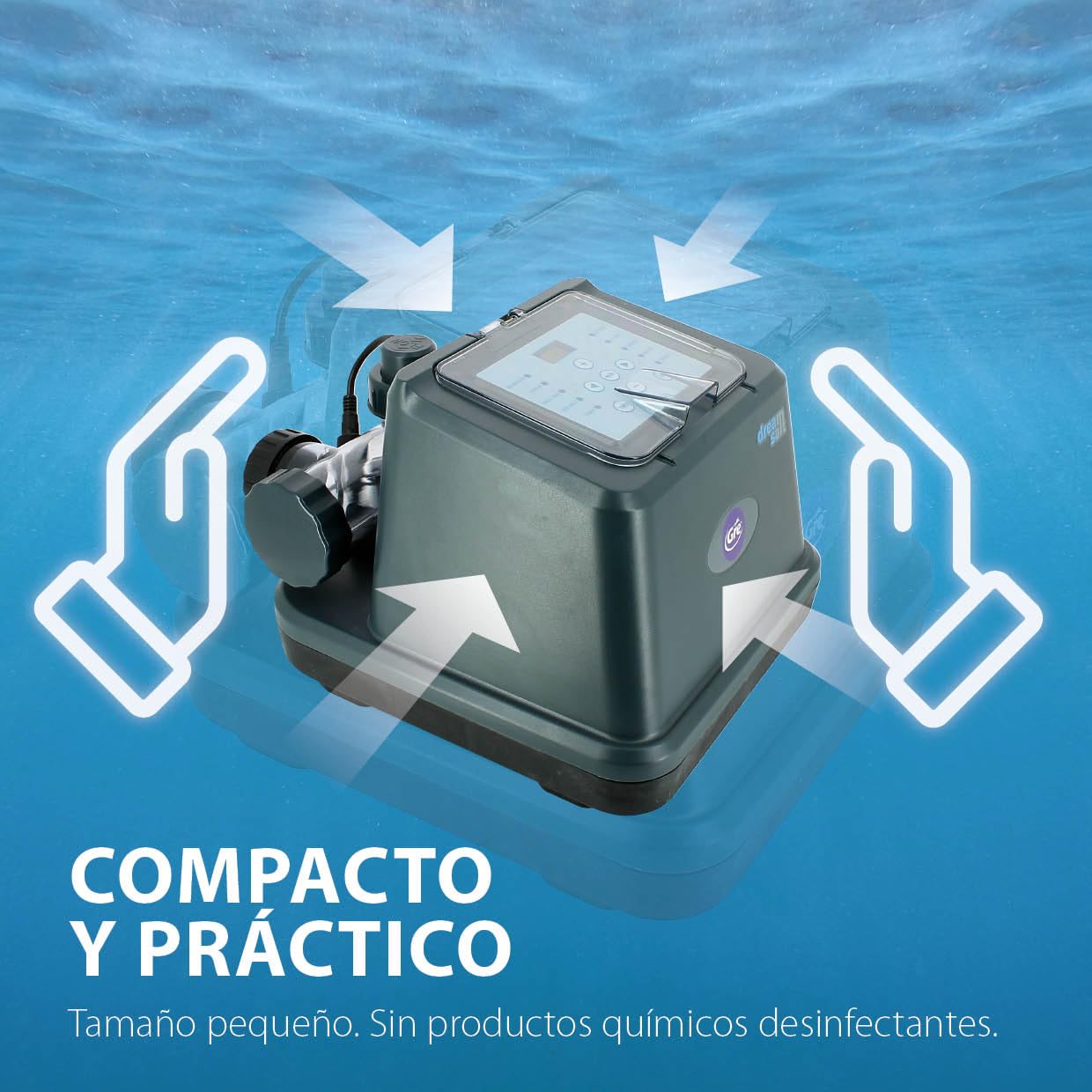 Gre - GSS50 Salino Dream Salt para Piscinas Elevadas hasta 50 m³ con Pantalla LED, Generador de Cloro 10 g/h, Electrodo Autolimpiante, IPX4, Temporizador e Interruptor de Flujo