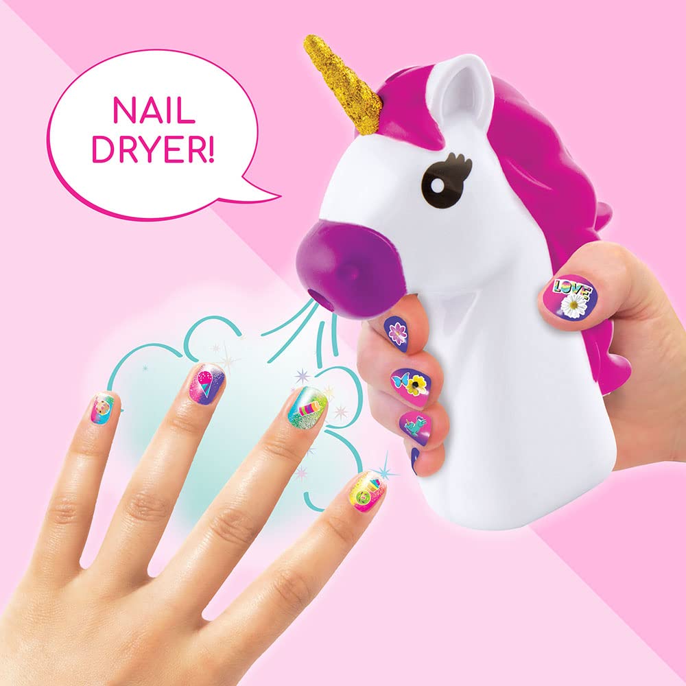Fashion Angels Unicorn Dreams Nail Design Super Set - 5 Water Based Peel Off Nail Polishes, Battery Operated Nail Dryer, Cosmetic Grade Glitter, 300 Nail Decals, 150 3D Nail Gems - Ages 8 and Up