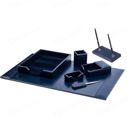 Miniatura 4 de Dacasso Juego de escritorio de lujo de 7 piezas de cuero azul marino, almohadilla secante y elementos esenciales para la organización del