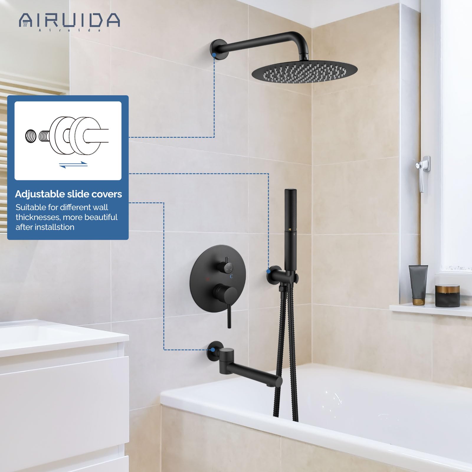 Airuida System prysznicowy z wylewką wanną 3-funkcyjny zestaw baterii prysznicowych okrągła wanna z opadami deszczu i bateria prysznicowa Combo z zaworem zgrubnym 2 funkcje ręczny spray 25 cm głowica