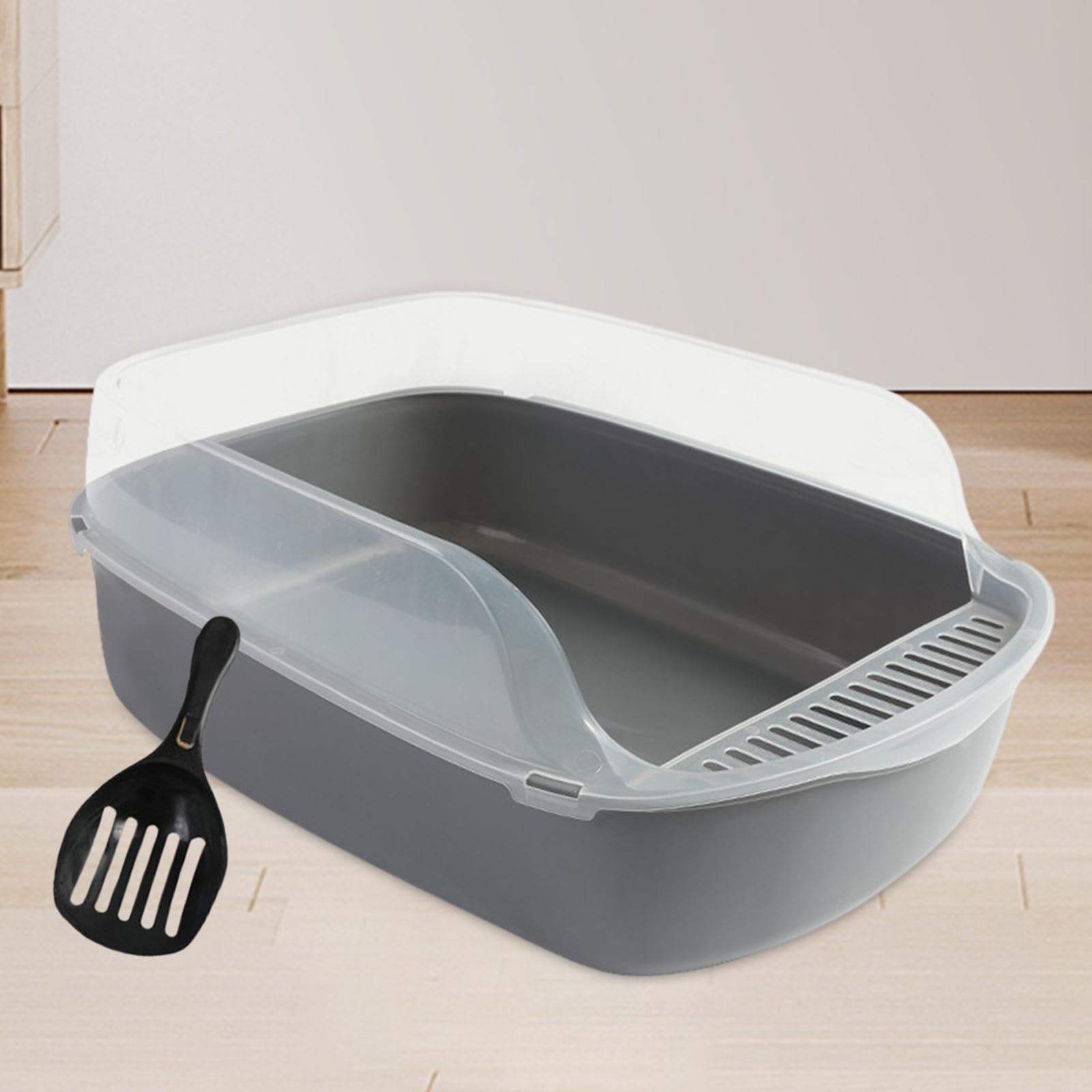 Katzenstreu Schale Semi Geschlossene Katzentoilette mit Hohem Rand Offene Katzentoilette Tragbare Katzenklo Box Einfach zu Reinigen Spritzschutz für, grau