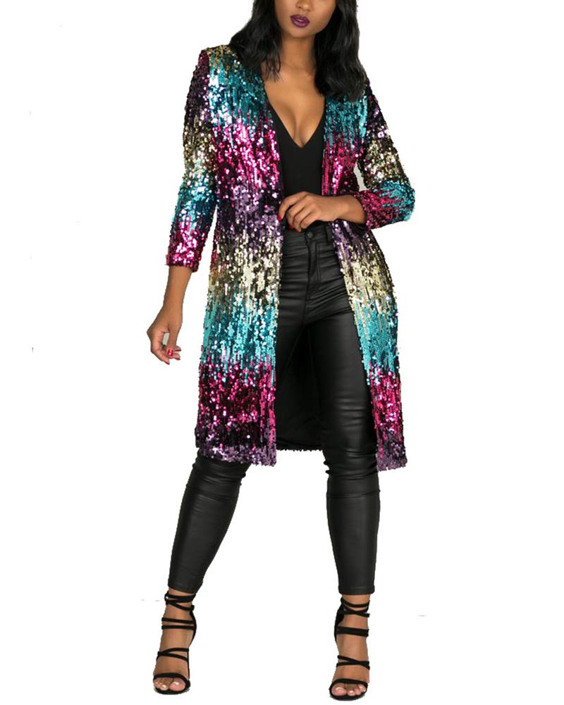 AnyuA Women Sequin Cardigan Long Sleeve Gradient Sparkly Blazer Open Front Coat L