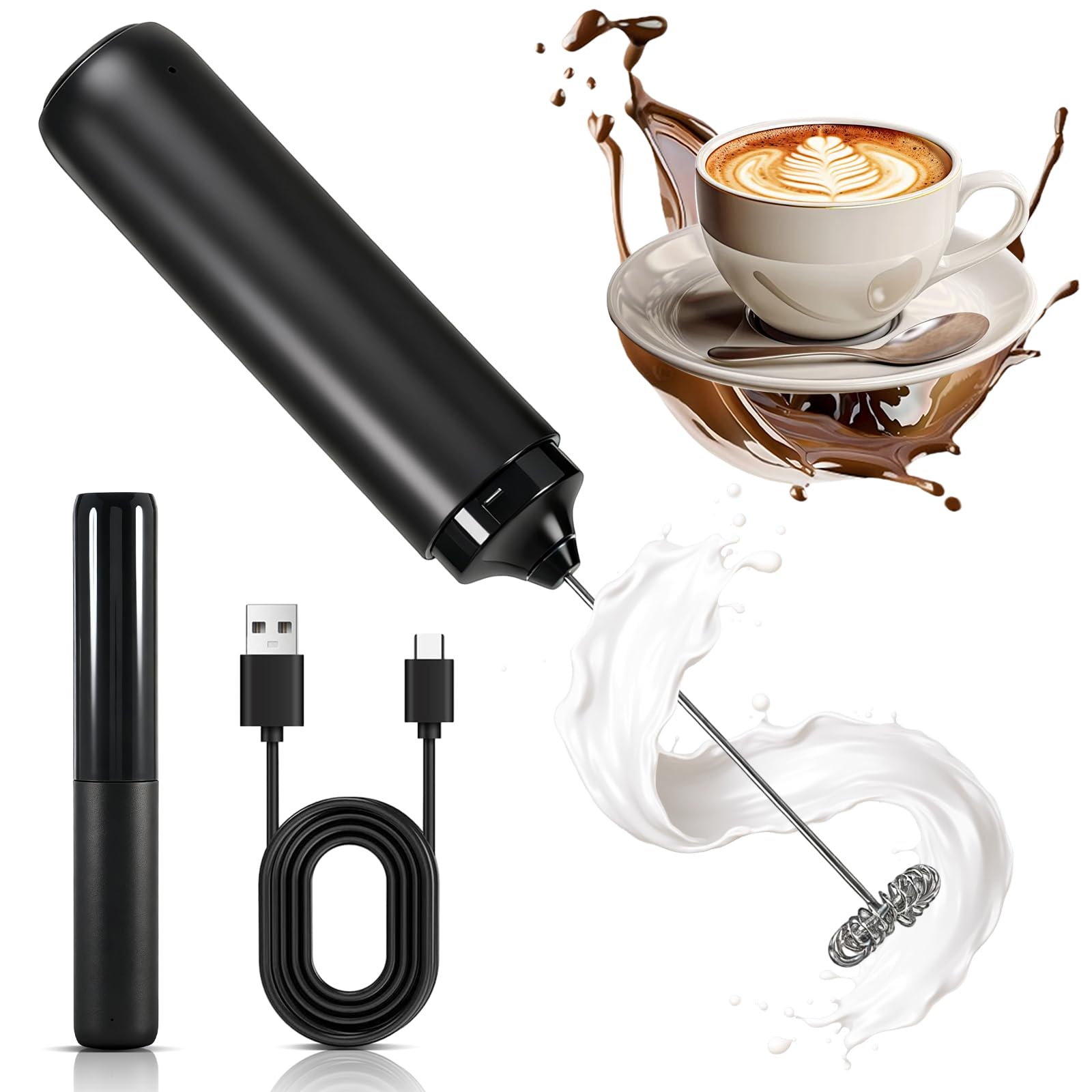 WUIOWPPIC Handheld Milk Frother with Stainless Steel Whisk, Rechargeable
