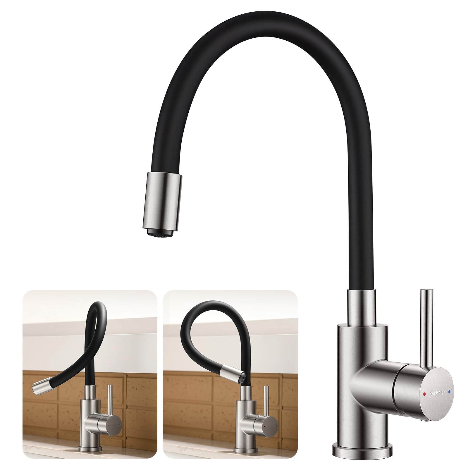 Robinet d'Évier de Cuisine avec Douchette Flexible Inox Brossé | Mitigeur Pivotant à 360°, Aérateur Extractible pour Économiser l'Eau, Acier Inoxydable