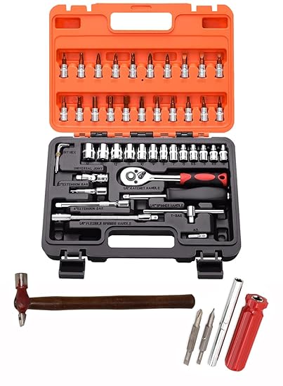 Digital Craft Multifunction Hand Tool Kit Car Ratchet Wrench Assembly Tool Household Repair Tools Automotive Set 46PC Socket Set,Hammer 200 gm,4 In 1 Screw Driver,
