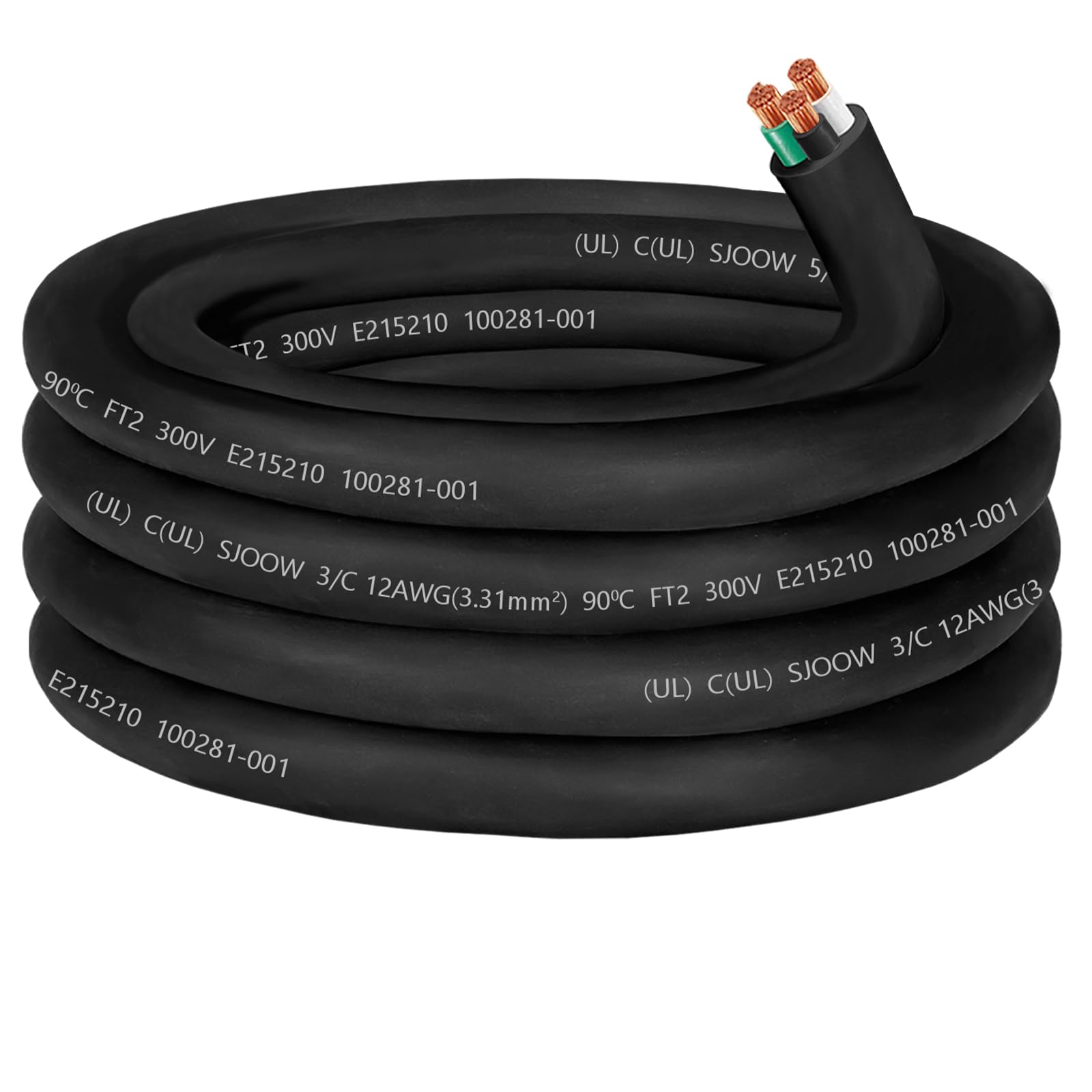 12/3 Wire 12 AWG SJOOW Portable Power Cable,300V 12 Gauge 3 Conductor SJOOW Extension Cord Electrical Wire for Motor Lead,Portable Light,LED,EV Car