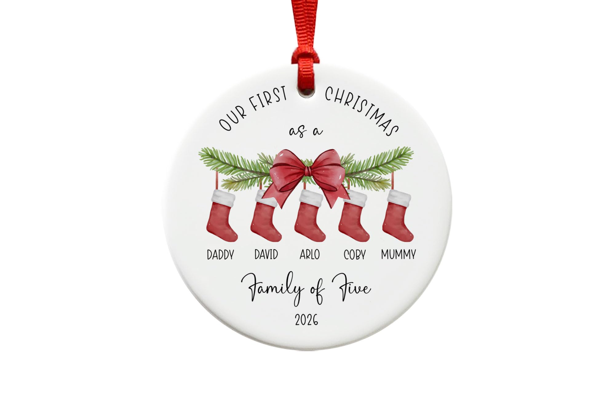 First Christmas As a Family of Five Ornament - Ceramic Stockings Christmas Tree Bauble Decoration Keepsake 2026 - New Baby Gift - New Parents Present