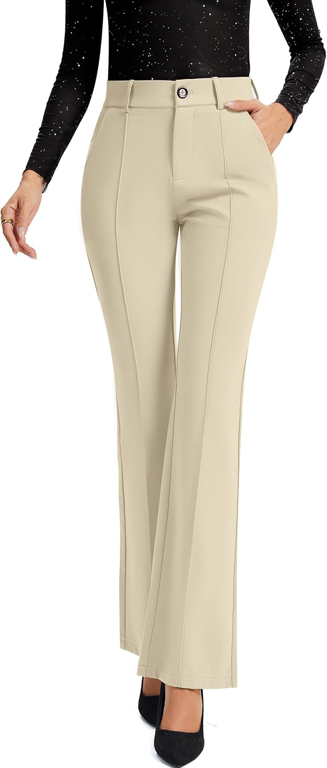 FUNYYZO Dress Work Pants Women's Stretchy Bootcut Leg Button Slacks Trousers with Pockets Casual Outfits