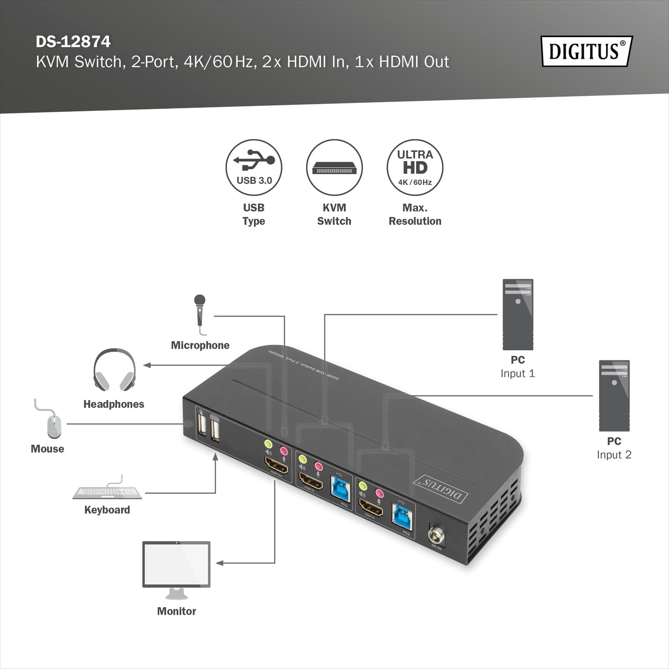 DIGITUS Commutateur KVM HDMI – 2 ports, affichage unique – 2 PC, 1 moniteur – 1 souris, clavier et audio pour 2 ordinateurs – UHD 4K 60Hz (4096 x 2160p) – 2 hubs USB 3.0 – Noir