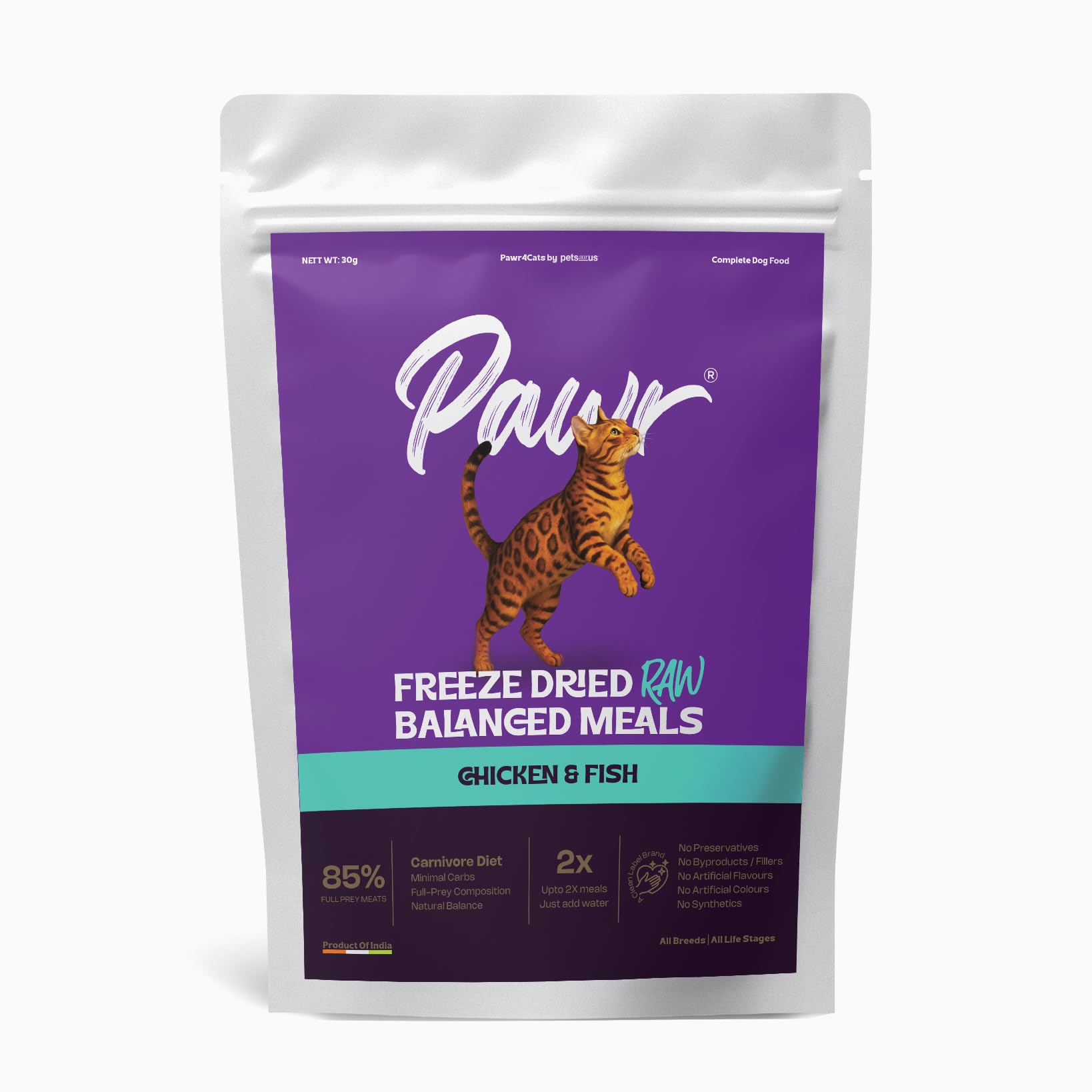 Pawr4Cats | Freeze-Dried Balanced Meals | Chicken & Fish | Bio-Appropriate and Raw Nutrition | High Protein - Low Carb Recipe | Makes 2X Meals by Adding Water | 30gms X 12 Packs