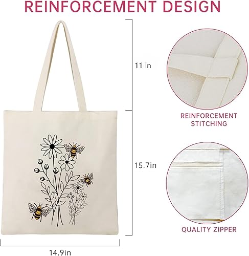 Miniatura 6 de Andeiltech Bolsa de lona para mujer, estética, bonita, para compras, comestibles, reutilizable, con cremallera interior, regalo para mujer