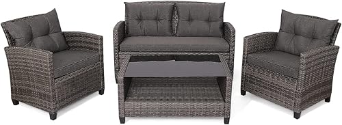RELAX4LIFE Juego de muebles de patio de 4 piezas, juego de conversación de mimbre de ratán PE con mesa de centro de vidrio templado y cojines