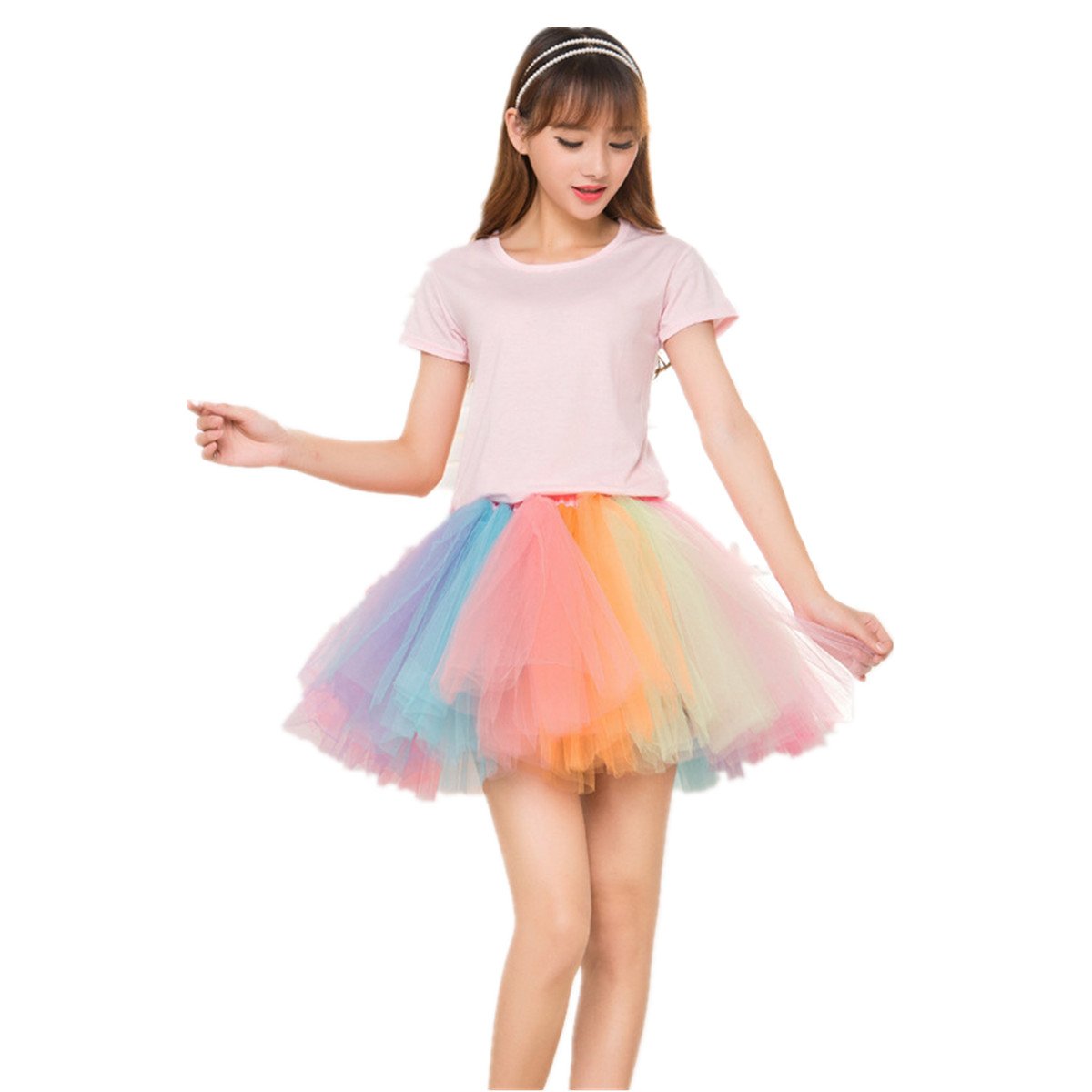 Adult Women 80's Tutu Skirt Layered Tulle Petticoat Halloween Tutu, Rainbow, S-L