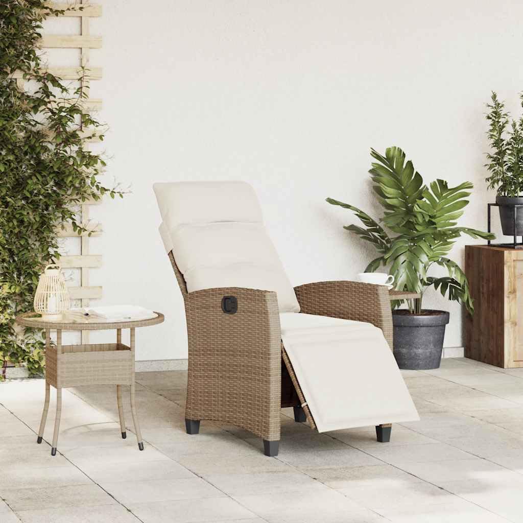 Silla de jardín extensible con reposapiés y mesa auxiliar, beige, ratán PE, respaldo ajustable, cojines gruesos y funda de lavado extraíble.