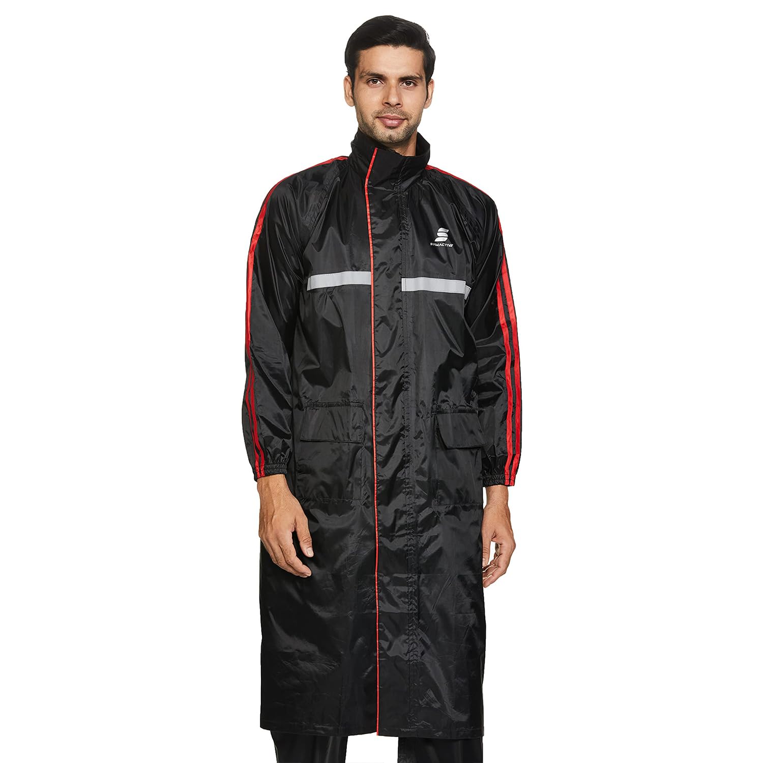 Amazon Brand - Symactive Men Polyester Water Resistant Long Long Length Rain Coat (Black, X-Large)