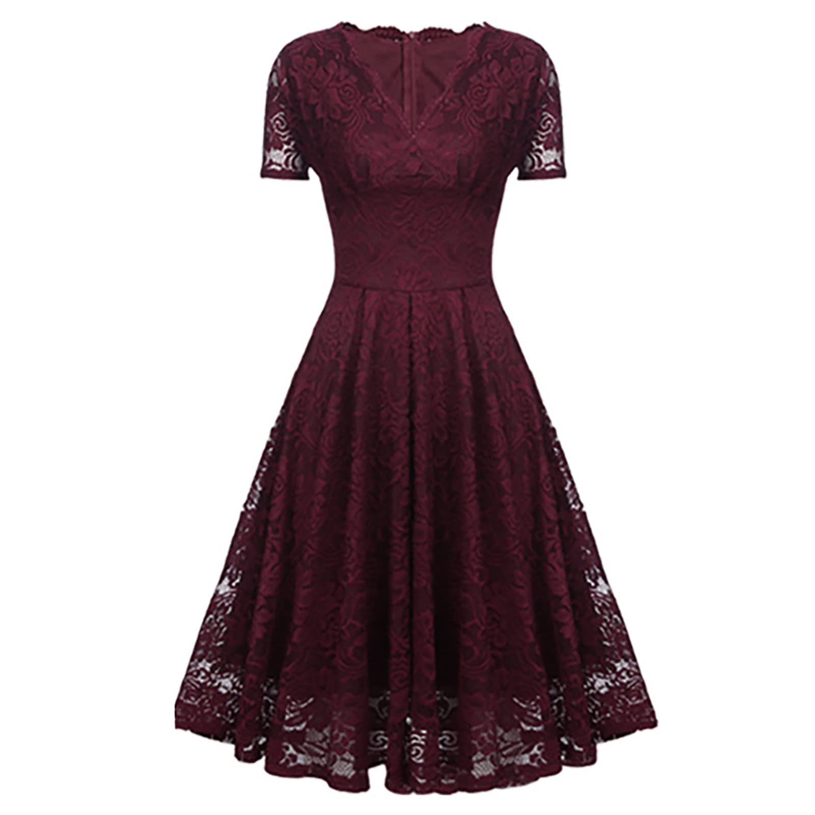 Kleid Hochzeitsgast Damen Lang Spitze mit Ärmel Festliche Kleider Für Damen Hochzeit Midi Sommerkleid V Ausschnitt Elegant Midikleid A Linie Schwingen Sommerkleider Leicht Und Luftig Abendkleid