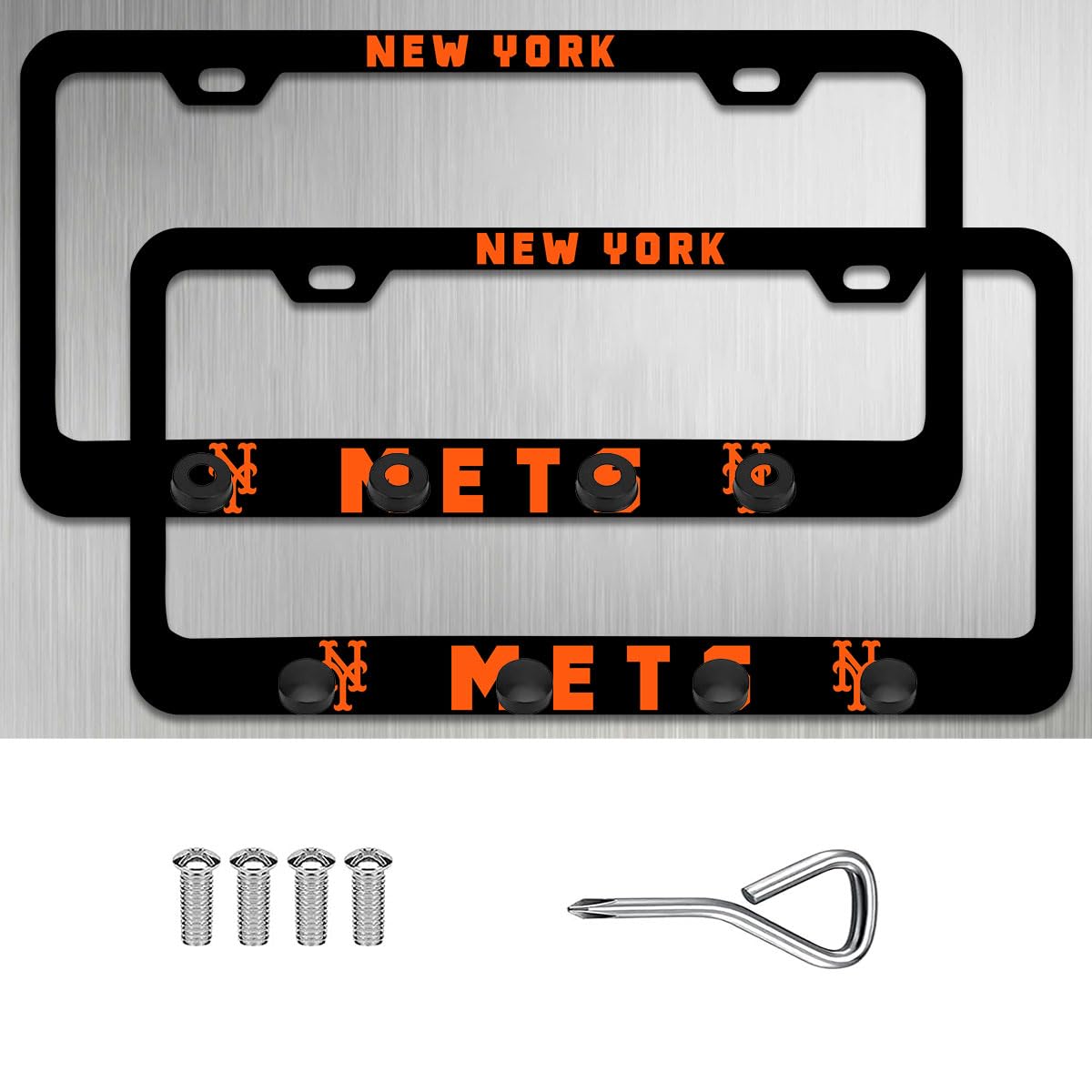 Photo 1 of 2PCS Chrome License Plate Frame for Mets, 2 Holes Matte Black License Plate Frames,Thin Metal Universal Car License Plate Holder, Licence Plate Cover with Screws