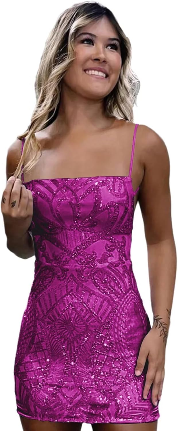 Xijun Short Sequin Homecoming Dresses for Teens 2025 Sparkly Tight Square Neck Prom Cocktail Party Mini Gowns