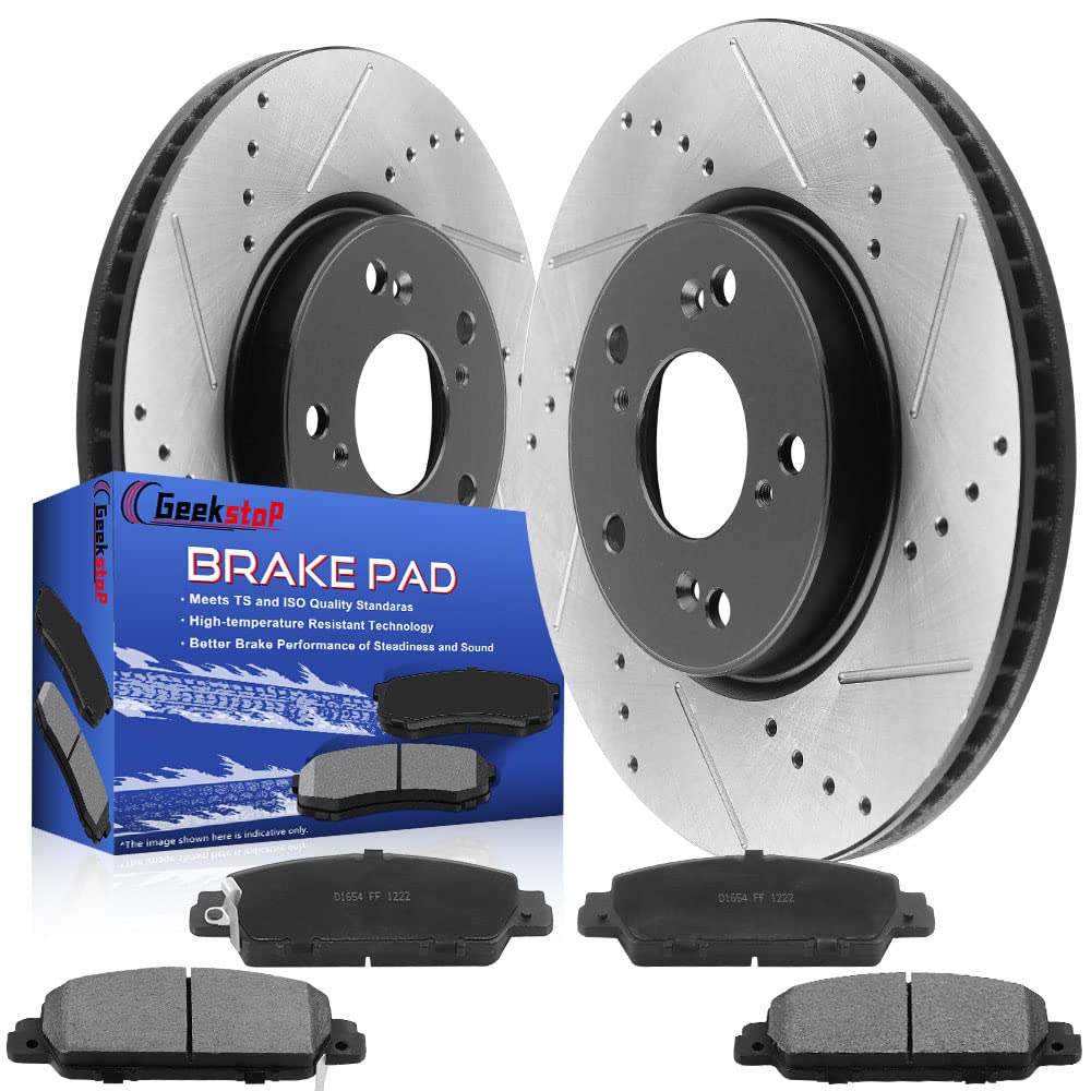 Front Brake Rotors and Ceramic Pads Compatible with Honda Accord 2013-2022 Drilled and Slotted E-Coating Disc Brake Kit