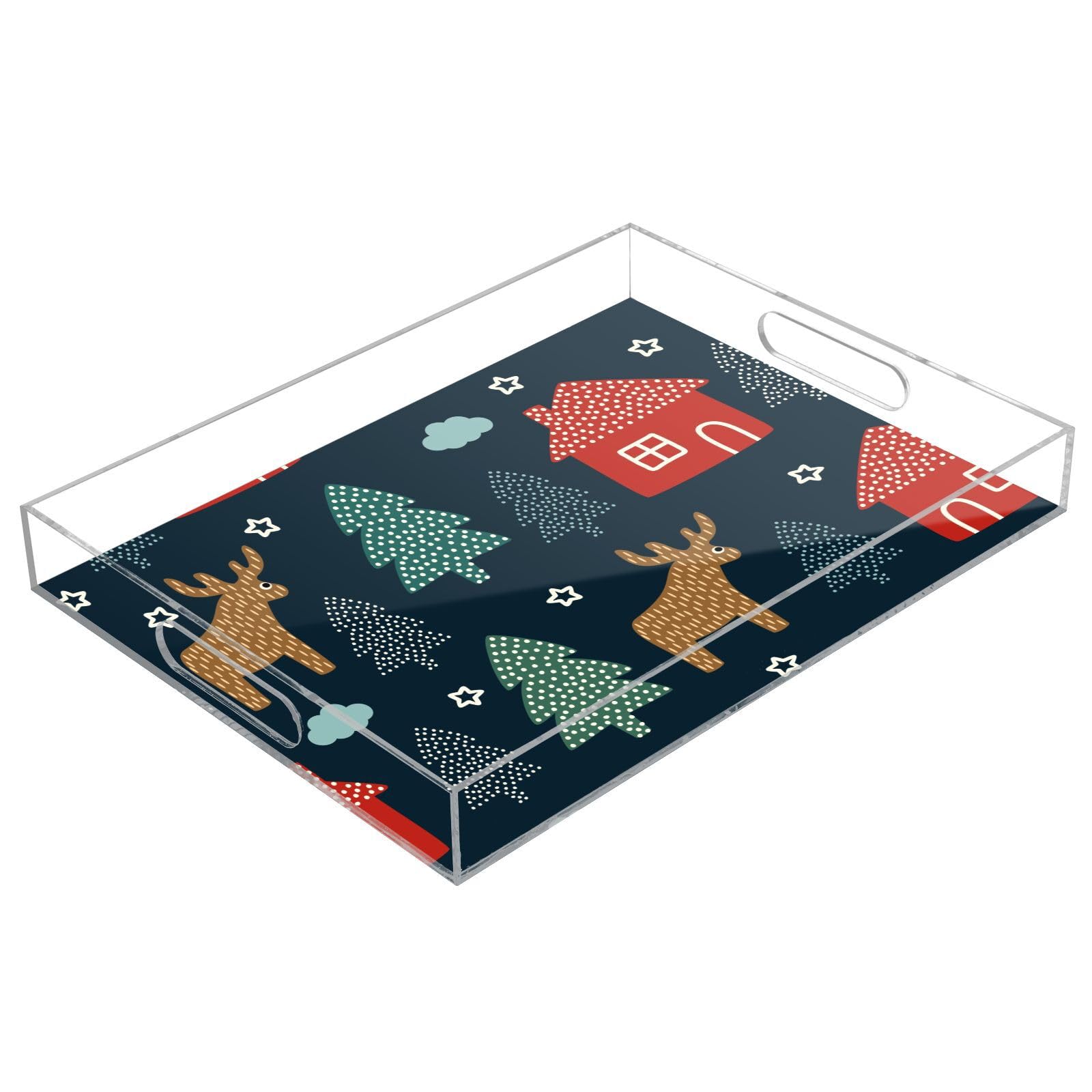 Bandejas acrílicas transparentes para servir con asas, bandeja de desayuno de 12 x 16 pulgadas, diseño personalizado transparente para vacaciones de invierno, bandeja de servir impermeable azul