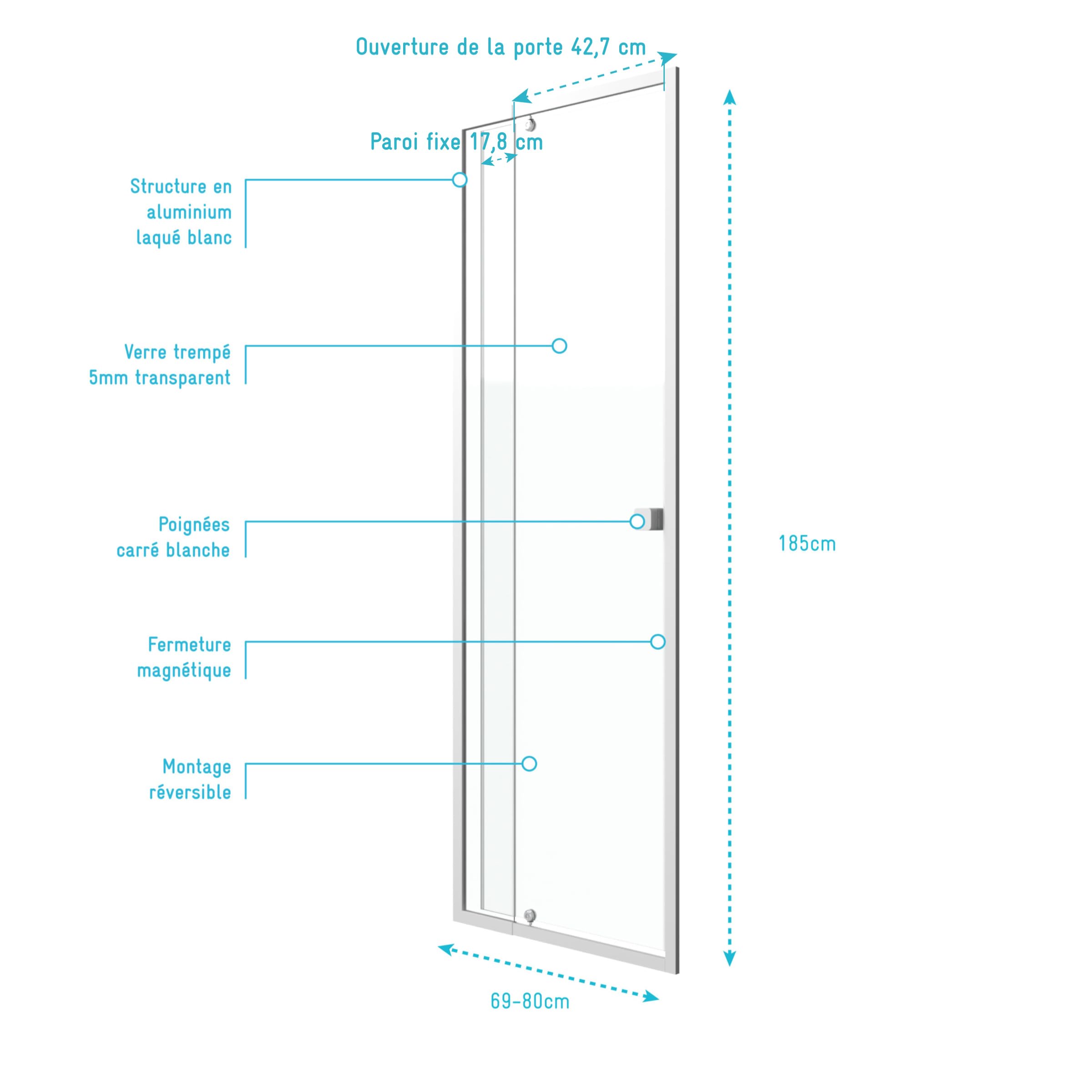 Porte de douche pivotante ajustable de 69 à 80cm en Alu. Blanc et verre transparent - WHITY PIVOT